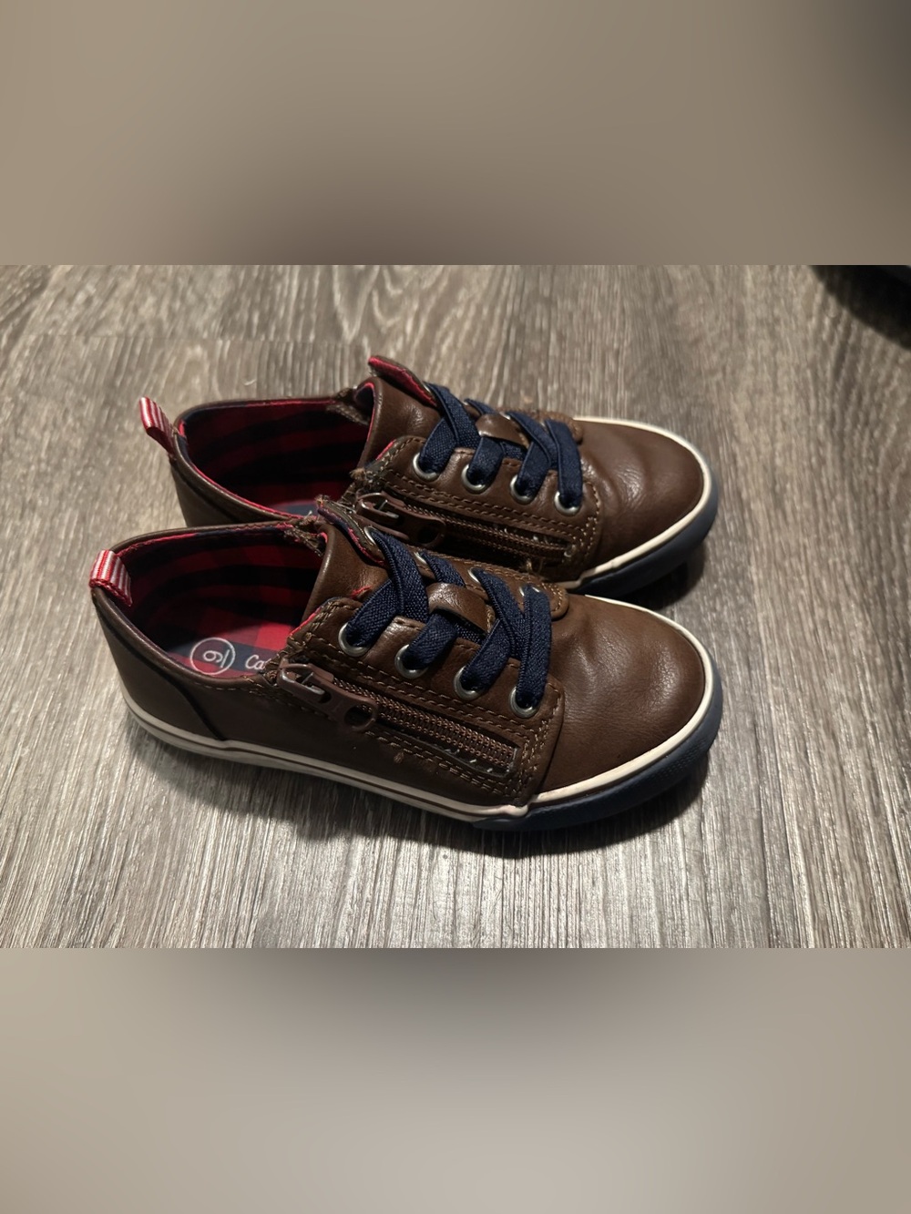 Cat & Jack Brown Leather-Style Dress Shoes with Navy Laces and Red Accents